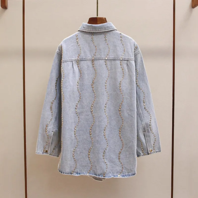 ANJY automne nouvelles femmes mode décontracté français Vintage élégant Denim chemise diamant embelli col rabattu tendance veste A12666