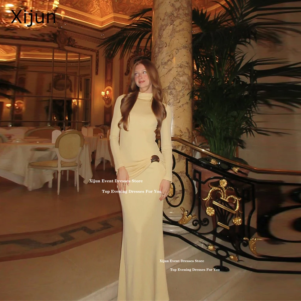 

Xijun Baby Yellow Mermaid Evening Dresses Long Sleeves High Collar Prom Dresses Plaeted Saudi Arabric Forml Prom Gowns Customize