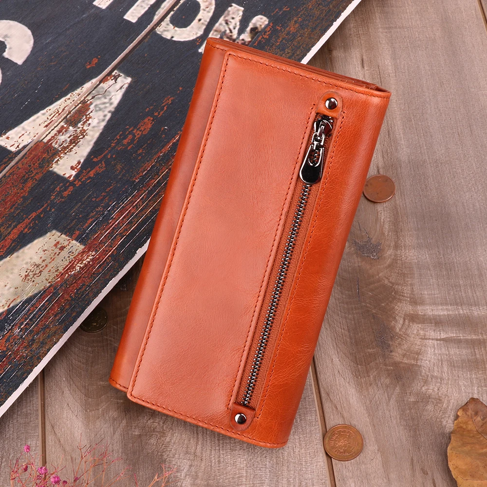 Fashionable women's wallet retro genuine leather multi card holder handbag mobile phone bag RFID long wallet