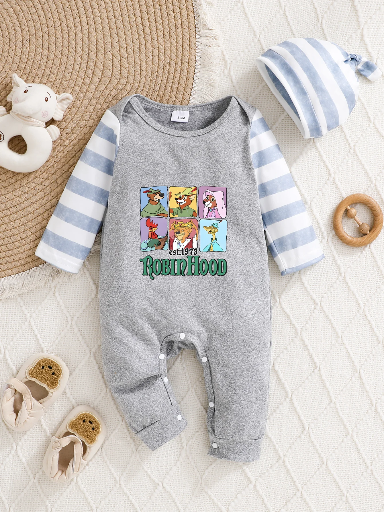 

【Officially Authorized】 Disney "Robin Hood" Baby Hooded Jumpsuit: 1973 Character Grid Striped Raglan Sleeve Print