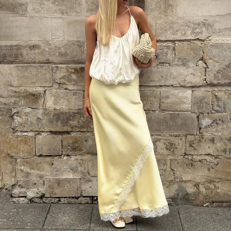 Talenza Elegant Long Skirts For Women 2026 Autumn High Waist Lace Satin Trumpet Skirt Women's Luxury Slim Fashion Skirts Outfits