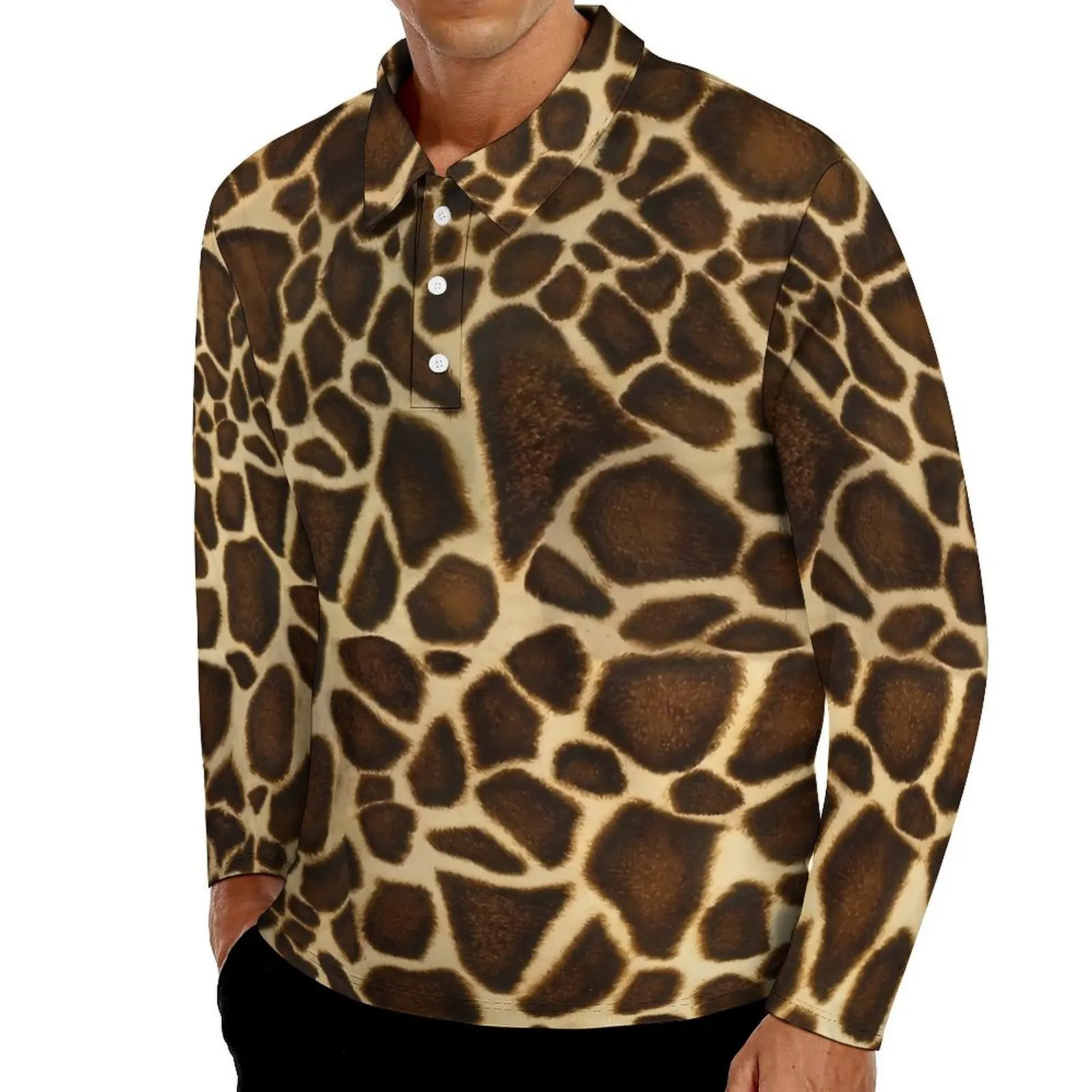 

Retro Giraffe Print Polo Shirts Men Brown Animal Casual Shirt Autumn Fashion Collar Long Sleeve Graphic Oversize T-Shirts