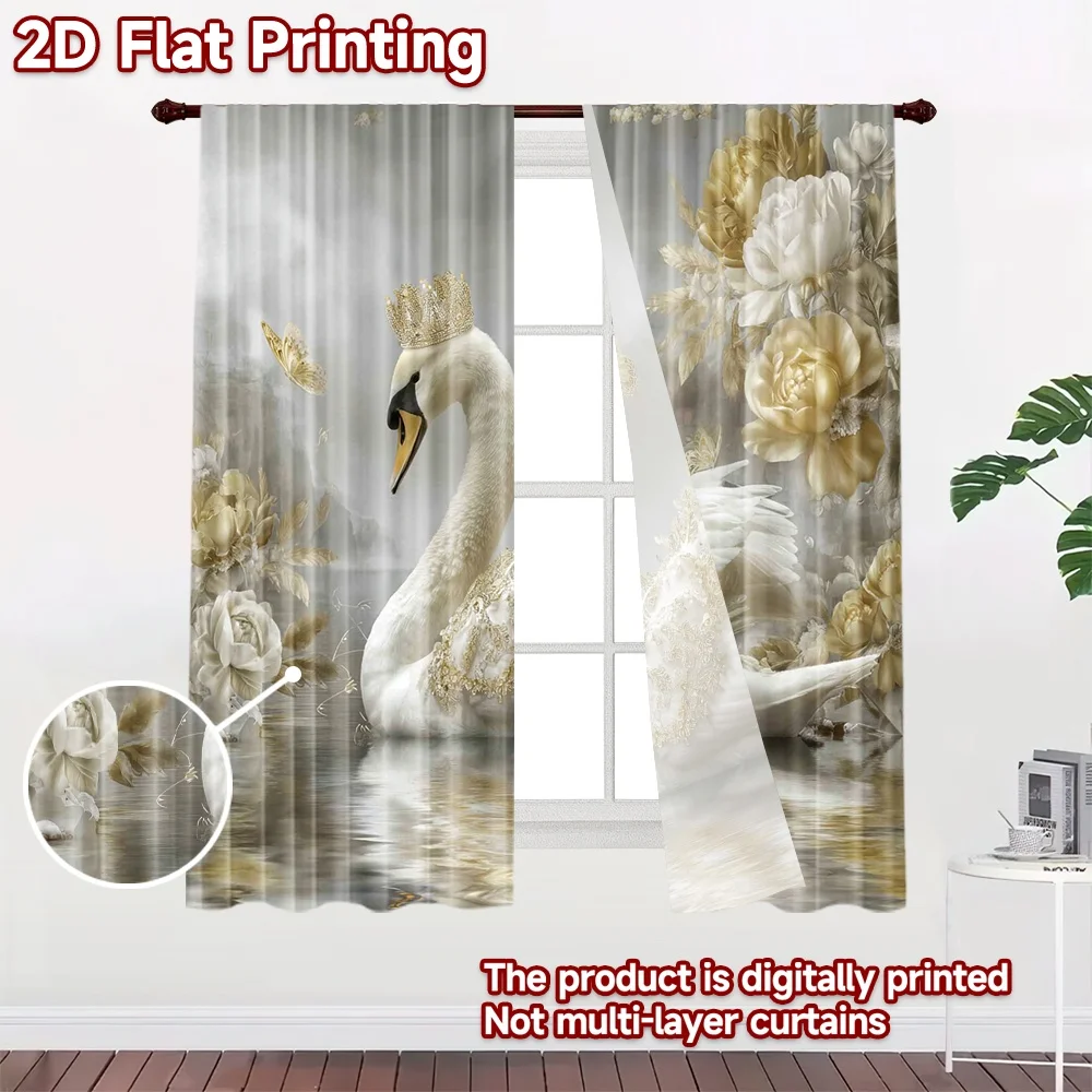 2D flat 2pcs Curtain French Romantic Style Curtains Royal Swan Flowers Digitally printed polyester Party & Holiday Decor Use for