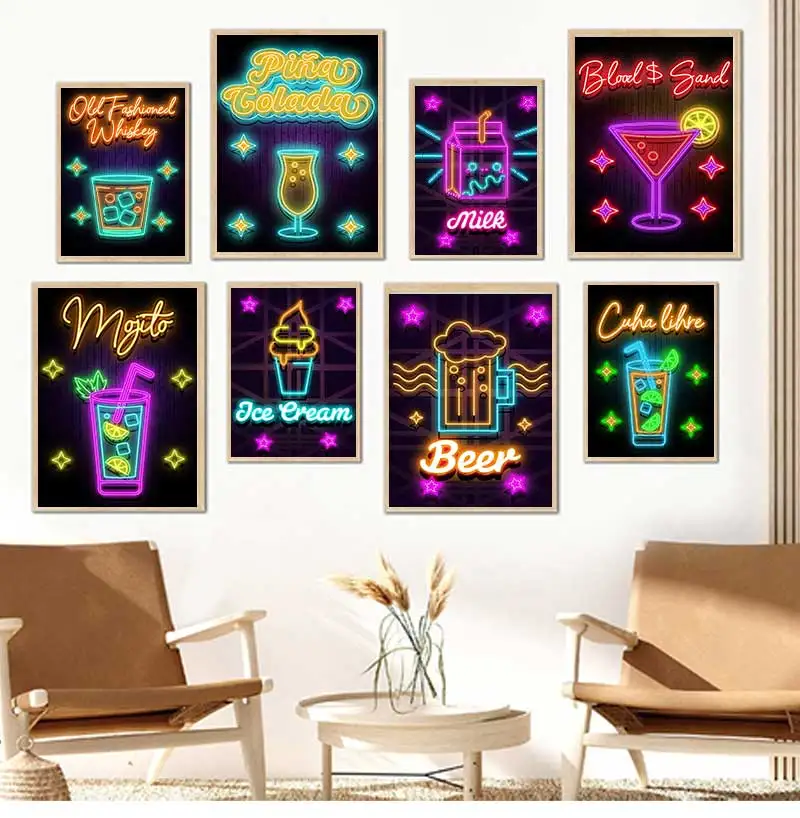 Modern Neon Style Beverage Art Poster Pearl Milk Tea Espresso Martini Cocktail Wall Prints Canvas Painting Home Bar Decor