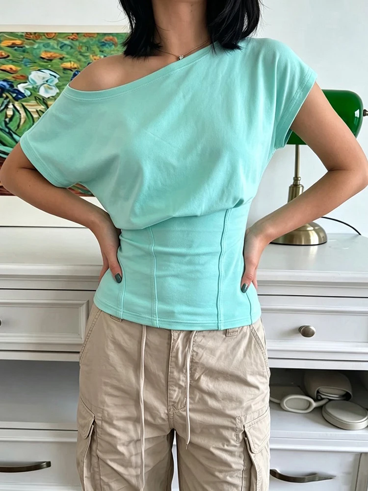 Nibber Off-Shoulder Fashion Skew Collar T-Shirt Damen Trend Einfache Kurzarm-Patchwork-Stretch-Casual-Shirts Chic High Street Tees – Detail 2