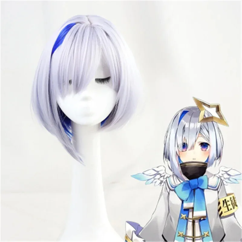 

Anime VTuber Hololive Amane Kanata Cosplay Wig Silver Gray Mixed Blue Short Heat Resistant Synthetic Hair Halloween + Wig C