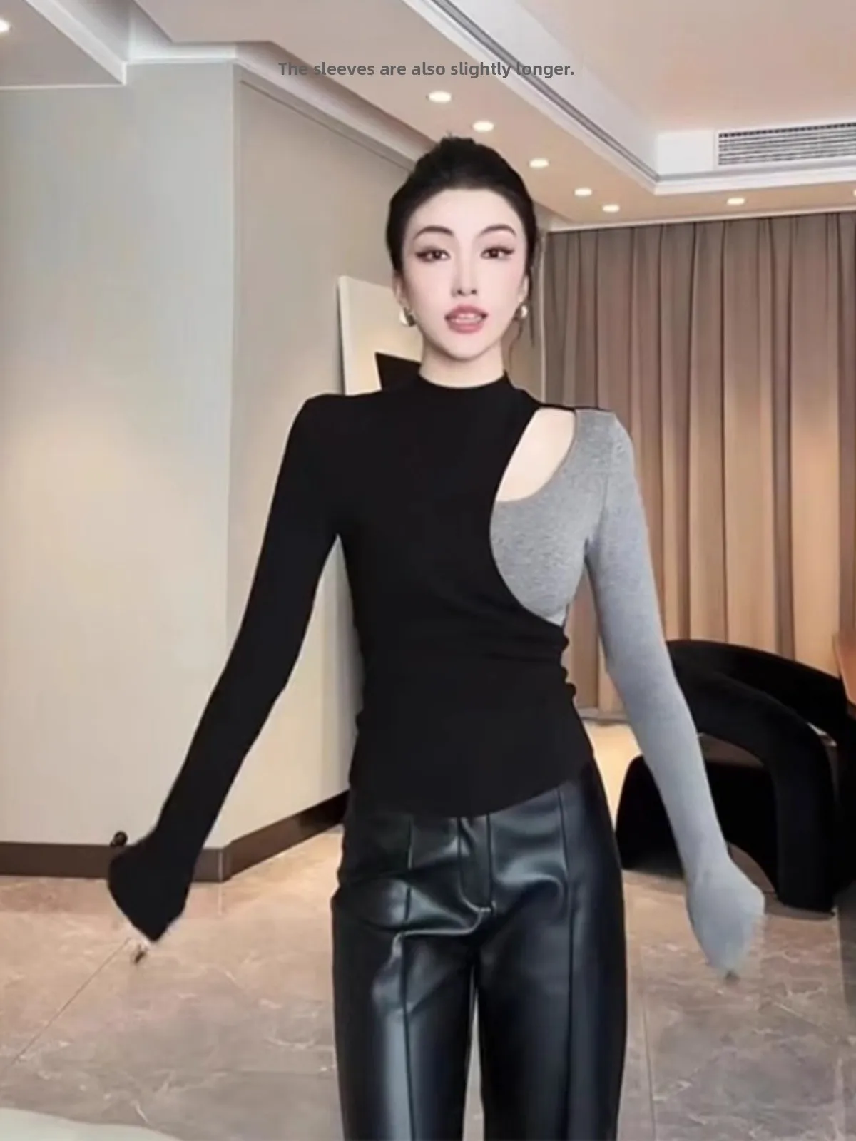 

Fashionable plus Size Women's T-Shirt Autumn New Style Slim Fit Hollow out Color Block Versatile Half High Collar Korean Styl...