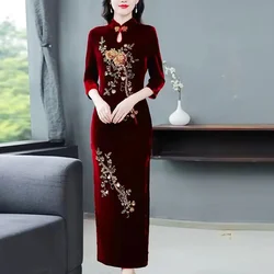 Spring Autumn Lady Seven Points Sleeve Long Dress Women Fashion Gold Velvet Maxi Dress Retro Female Embroidered Cheongsam Dress