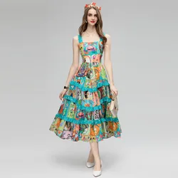 Fashion Designer Dress Summer Women's Spaghetti strap Backless Floral Print Cascading Ruffle Beach Ball Gown Dresses