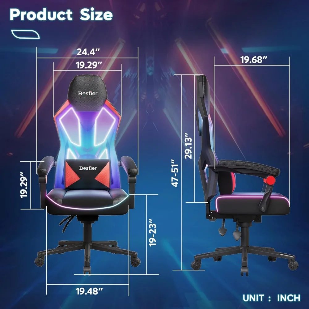 Bestier Gaming Chair with RGB LED Lights, Breathable Fabric Computer Chair with Pocket Spring Cushion and Linkage Armrests