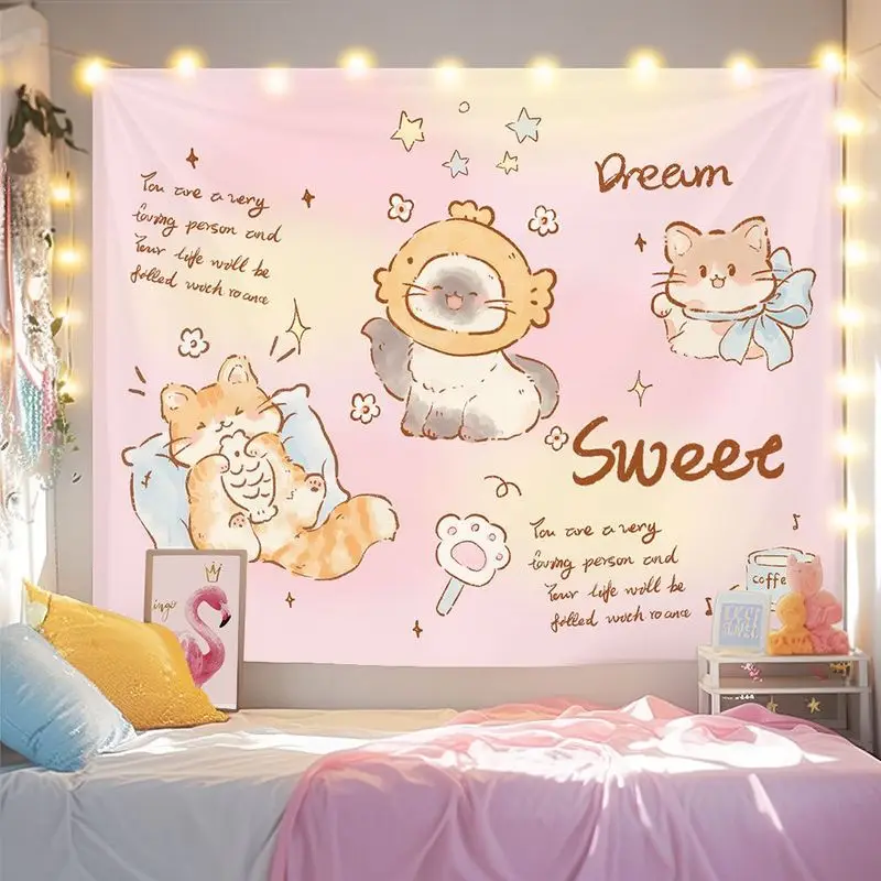 VIKAMA Pink Gradient Cat Tapestry, Cute Orange Cat Fish Head Cover Kitten Star Wall Hanging for Bedroom Living Room Decor