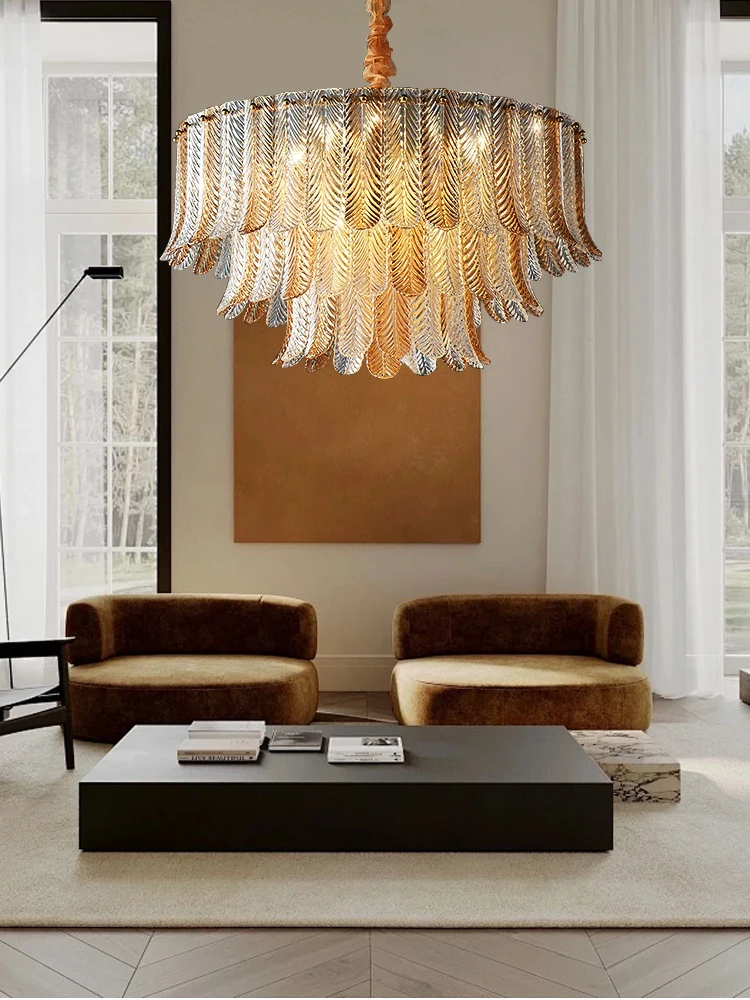 Post-modern Luxury Brass Feather Glass Ceiling Chandeliers Art Decor Home-appliance Living Room Dining Table Decor Nordic Lights