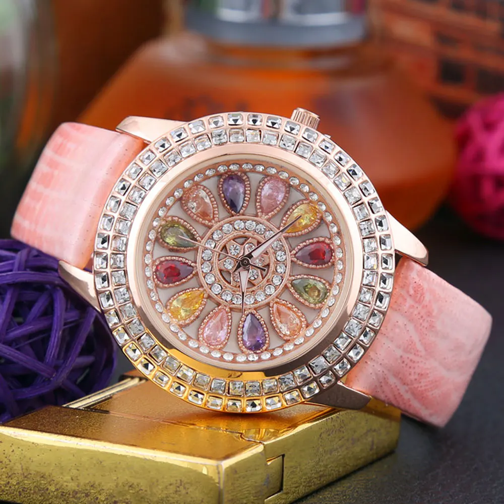 Korean Ladies Watch Colorful Rhinestones Dashi Dial Quartz Watch Casual Leather Ladies Clock Gift Relogio Feminino