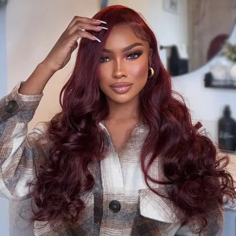 26 بوصة بورجوندي طبيعي 99j لينة طويلة 180 الكثافة غلويليس الاصطناعية الجسم موجة الدانتيل شعر مستعار أمامي للنساء Babyhair PrePlucked #3