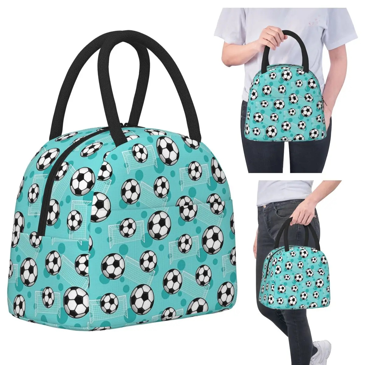 

Soccer Ball And Goal Teal Pattern Teal Soccer Insulated Lunch Bag for Kids Cooler Thermal Food Box Tote Leakproof Lunch Boxes