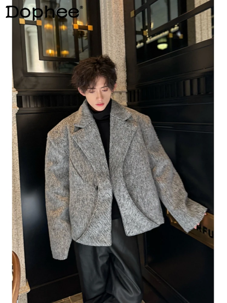 Gray Long Sleeve Solid Color Chic Woolen Coats Men's 2024 Autumn Winter New Blazer Coats High-end Small Fragrant Cotton Clothes