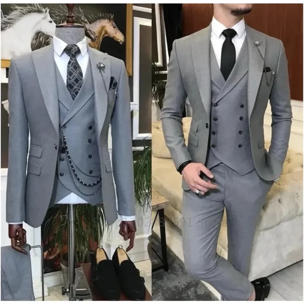 New Business Khaki Formal Men\'s Slim Fit Suits 3 Pieces Wedding Groom Prom Terno Masculino Custom Blazer Jacket Vest Pant Sets