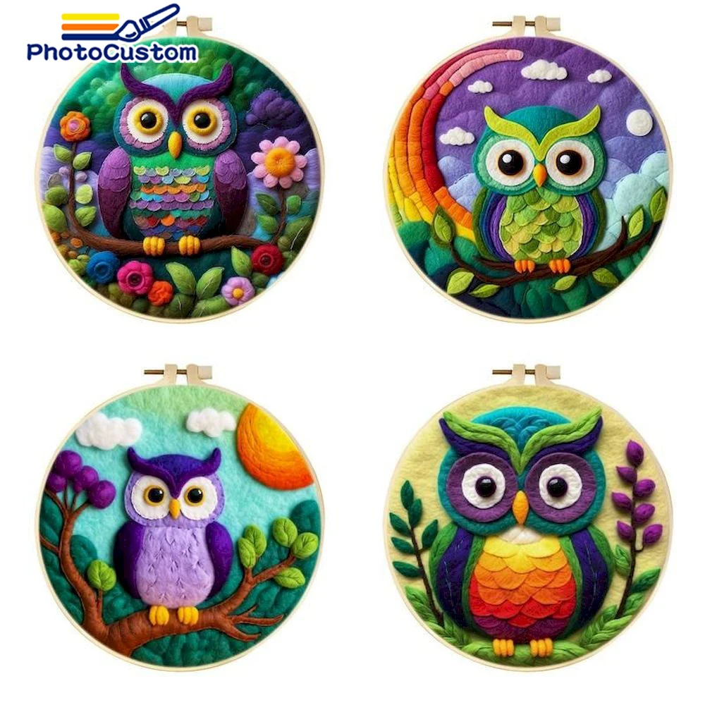 

PhotoCustom Funny Painting DIY Wool Embroidery Kit With 20X20cm Frame Animal Colorful Owl Picture DIY Wool Needle Felt Kit Handm