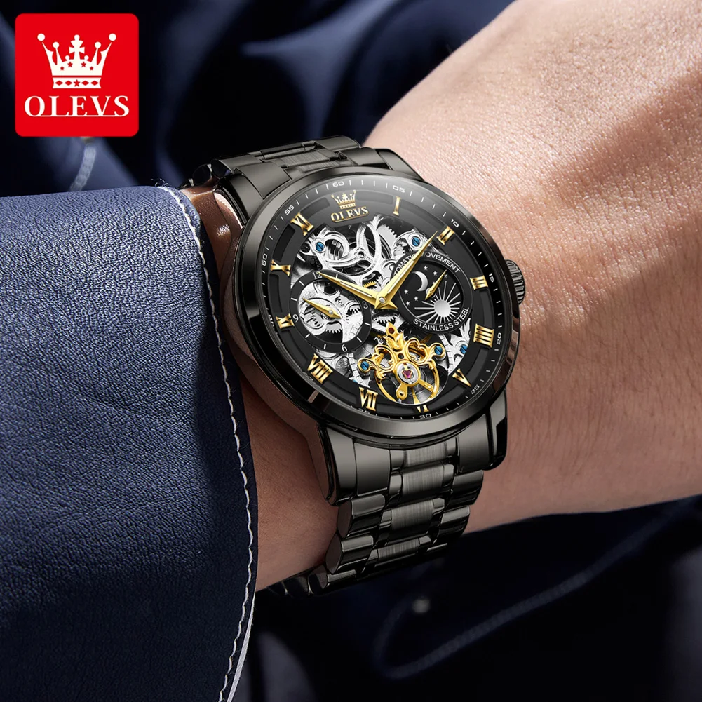 OLEVS 6670 Men Watch Style in Full Bloom Precision Sculpture Mechanical Edge Multi-functional Night Light Waterproof Watch