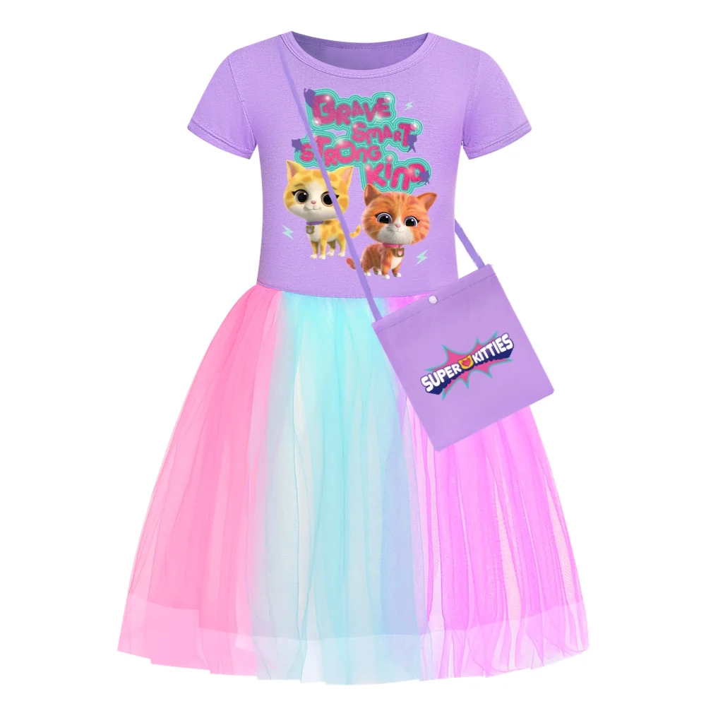 SuperKitties Clothes Kids Short Sleeve Dresses Girls Super Kitties Rainbow Birthday Party Dress Baby Sequin Vestidos with Bag