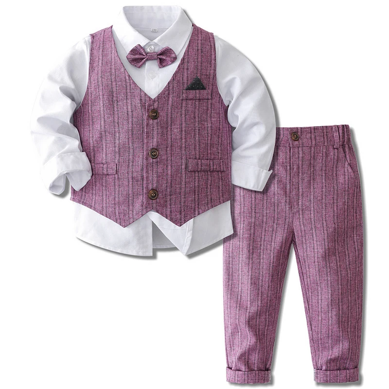 

4Piece Fall Boy Clothes Korean Outfit Set Kids Fashion Stripe Gentleman Suit Tops+Vest+Pants+Tie Baby Boutique Clothing BC1106-1