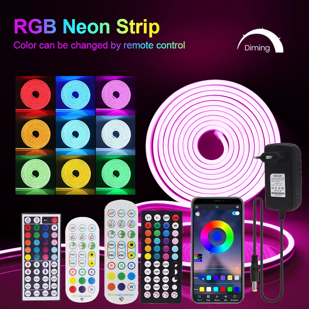12V RGB Neon LED Strip 120LEDs/m Wifi Bluetooth Remote Control Power Kit Waterproof Flexible Neon Light for Home Garden Decor