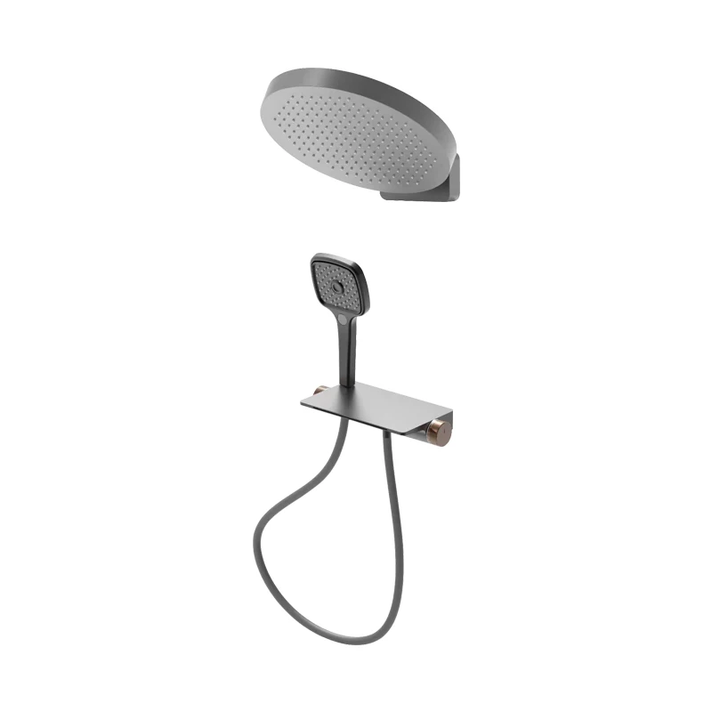 

Gun Gray Round Shower Head Bathroom System Thermostatic Faucets With Soft Rain Jet Sprays Wall Mounted Brushed Surface