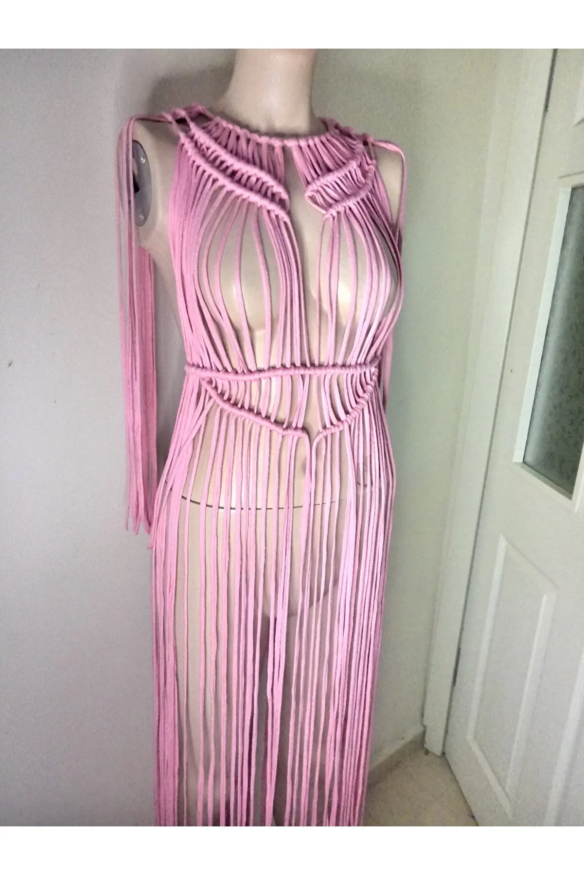 Pink Macrame Handmade Women \'S Beach Dress-Party Gown-Festival Gown-Pareo-BNT889