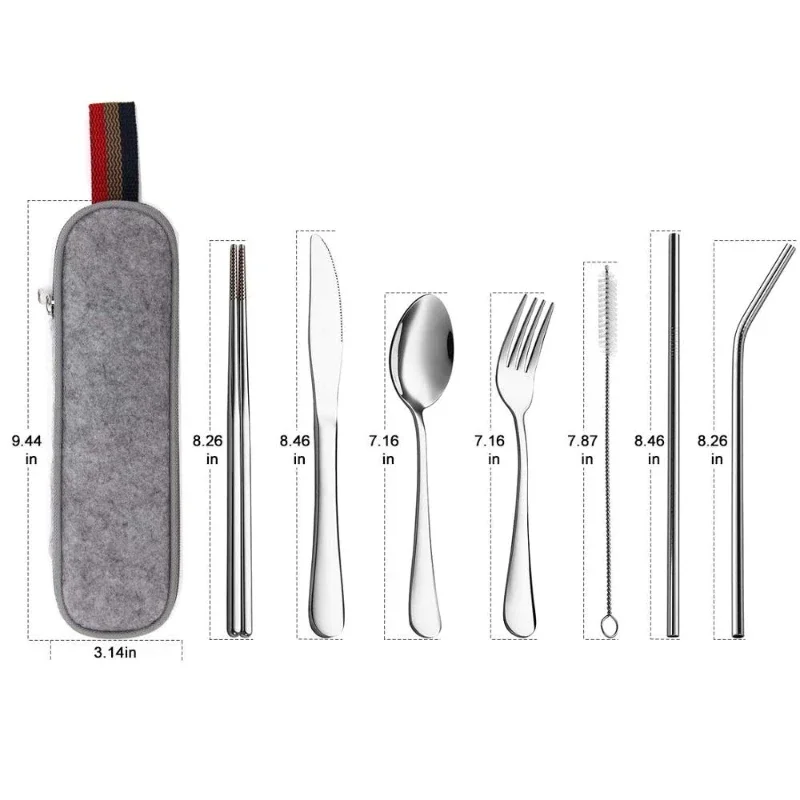 Tableware Reusable Travel Cutlery Set Camp Utensils  with Stainless Steel Spoon Fork Chopsticks Straw Portable Case