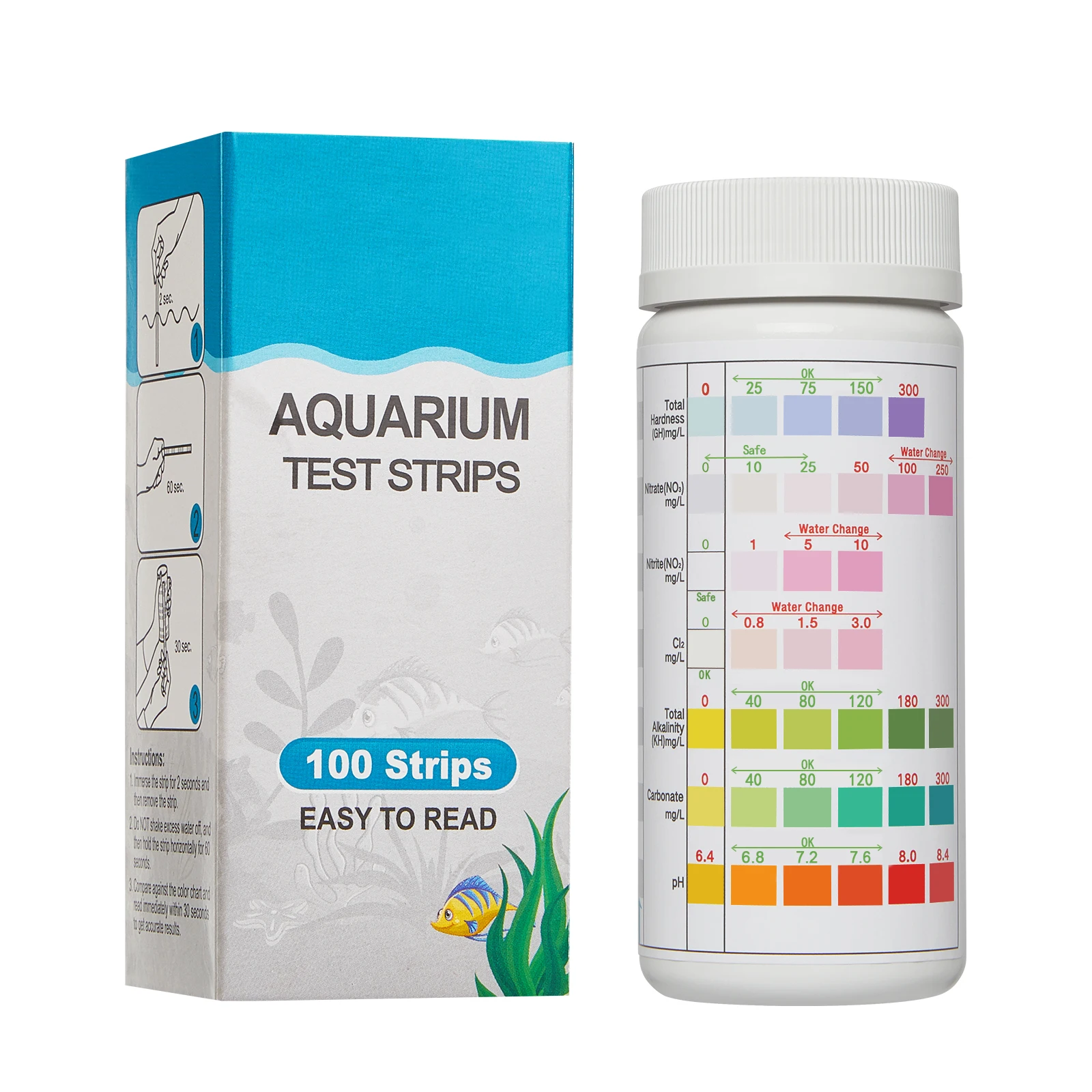 100Pcs Aquarium Test Strips 7-In-1 Fish Tank Water Test Kit Freshwater Saltwater Aquarium Water Quality PH Test Strips