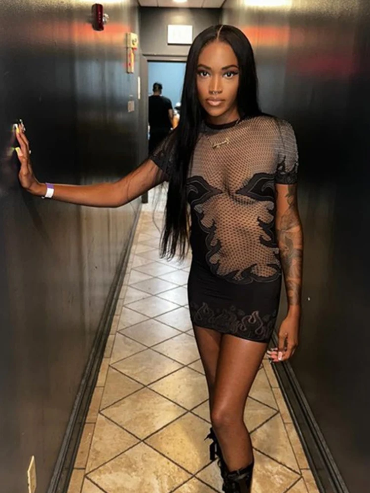 Weird Puss Sexy See Through Dress Women Flame Patchwork Print o-Neck Short Sleeve Hottie Skinny Peach Hip Street Hipster Outfits