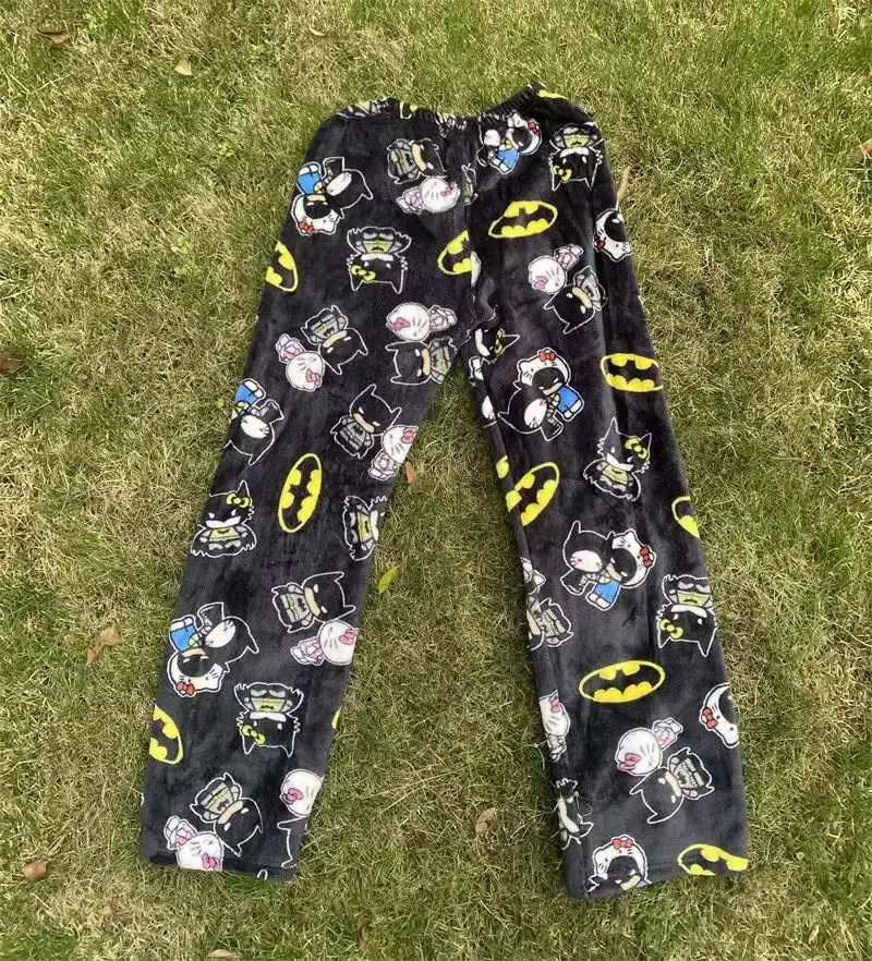 Novo sanrio y2k outono hellokitty batman calças de pijama dos desenhos animados hip hop senhoras quente casual pelúcia estilo natal flanela bonito calças