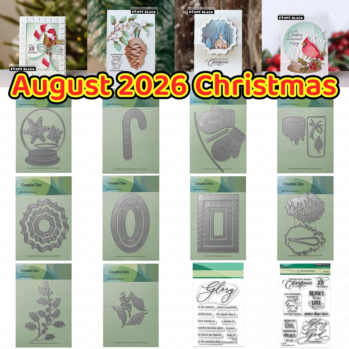 August 2026 Christmas Candle Holly Mitten Pair Snowy Globe Metal Cutting Dies Clear Stamps for DIY Making Card Scrapbook Craft