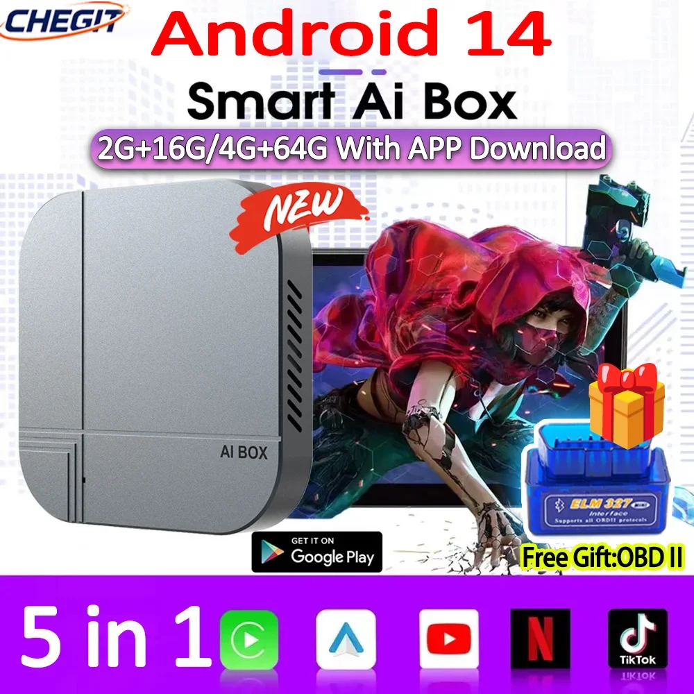 

2026 Android 14 Ai Box Bulit in Play Stroe Wired to Wireless Carplay Android Auto Adapter WiFi For Youtube Nexflit Cars OBD2