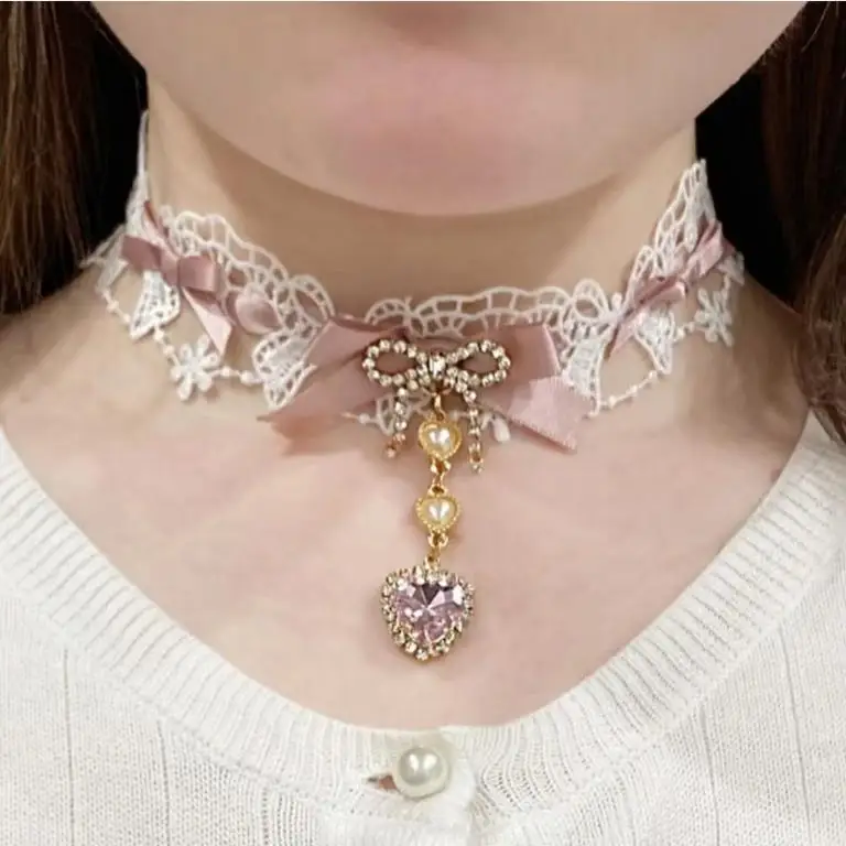 DIY Japanese Handmade Sweet Cool Mass-Produced Lolita Accessories Lace Edge Cute Bow Heart Rhinestone Soft Girl Necklace