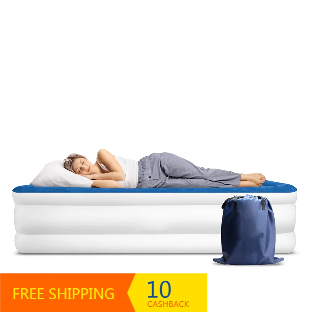 Queen Size Luxury Air Mattress ComfortCoil Technology Double Height Portable Foldable PVC Topper Built‑in Pump for Home Camping
