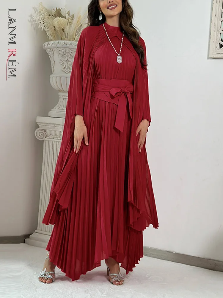 LANMREM Women Pleated 2 Pieces Set Stand Collar Bandage Maxi Dress + Batwing Sleeves Coat New Fashion Party Clothes 2DC1502