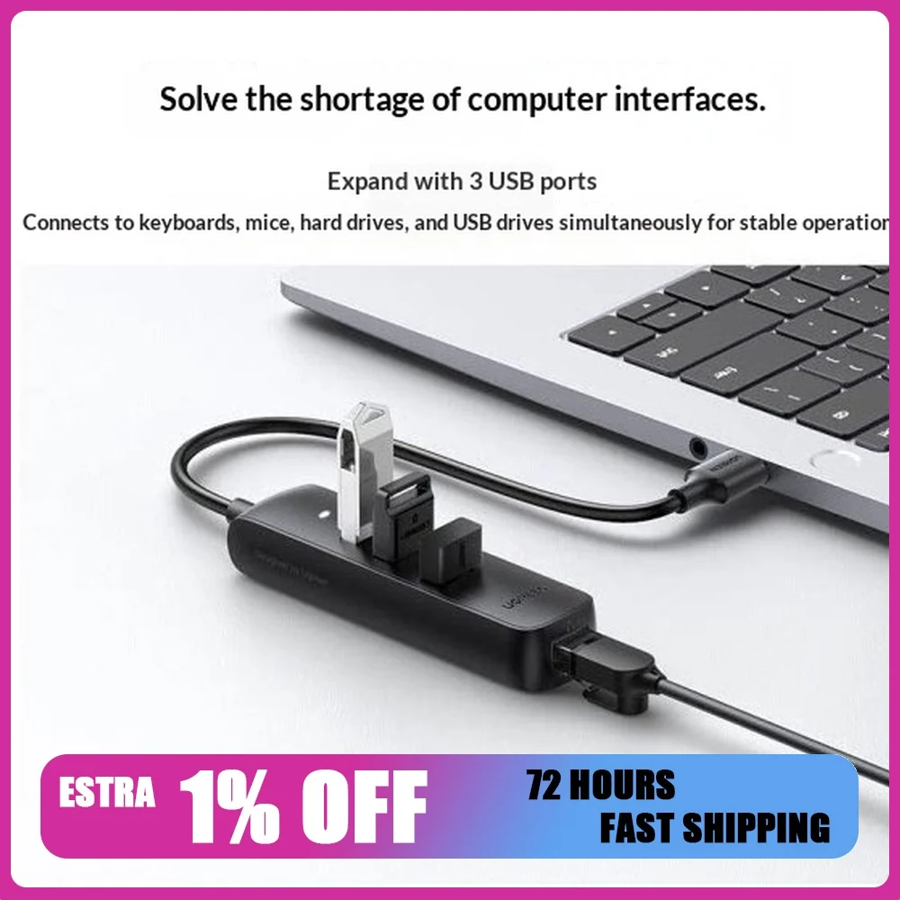 UGREEN 20984 CM416 USB 2.0 Hub with 3 USB Ports 100Mbps Ethernet RJ45 USB-C Auxiliary Power Input Black