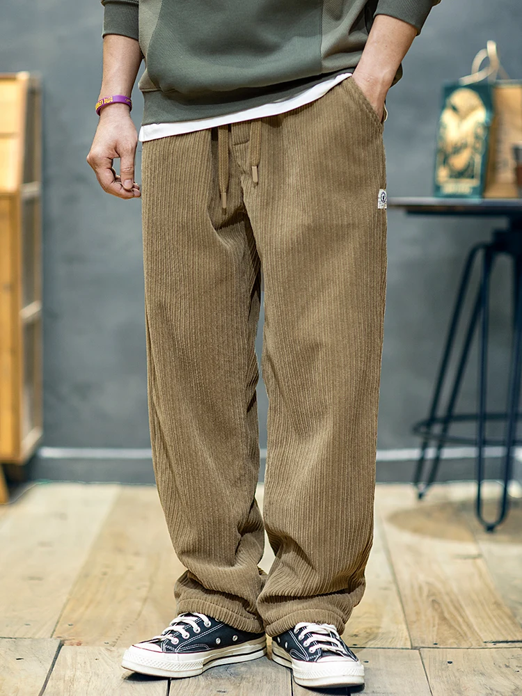 American Retro Corduroy Straight Leg Pants Men's Loose Wide Leg Casual Trousers Spring Fashion Brand Elastic Waist Long Pants