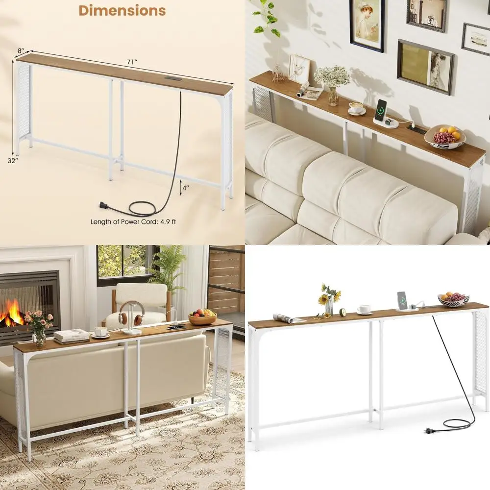 Slim 71 Console Table with Dual Power Outlets and USB-C Ports, Sleek Charging Station Metal Frame, Modern Sofa Side Tables, Vers
