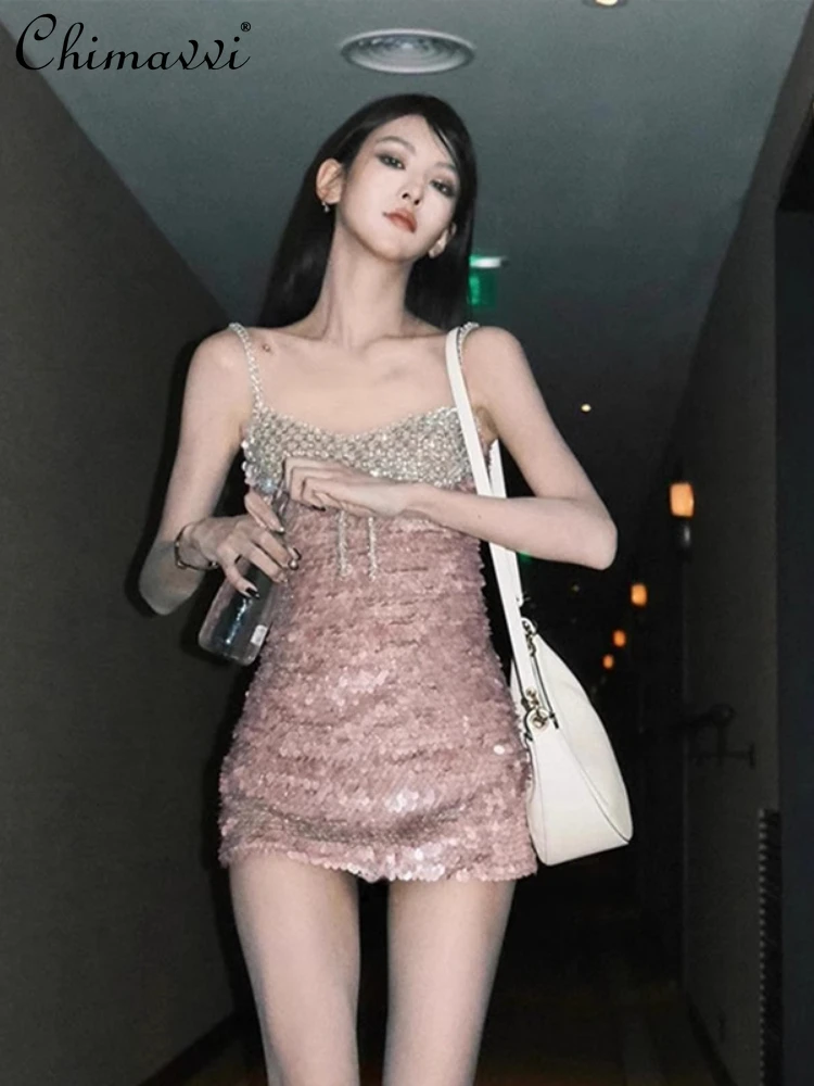 

2024 Spring Summer Women Sequined Halter Dress Crsytal Strap High Waist Tight Fitting Girl Hip Wrapped Sexy Mini Dresses Female