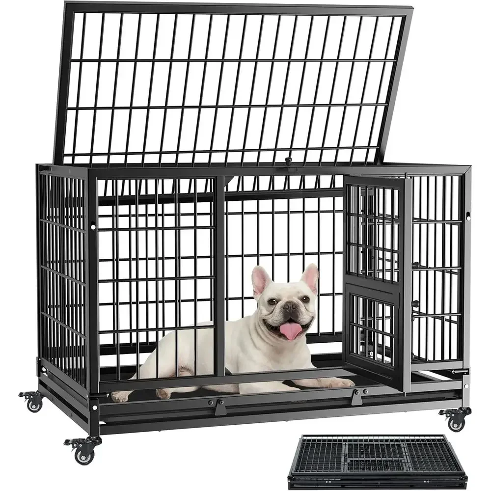 32 Inch Heavy-Duty Stackable Dog Crate, Indestructible Kennel for Small Dogs, Anxiety-Reducing Cage with Lockable Wheels, Remova
