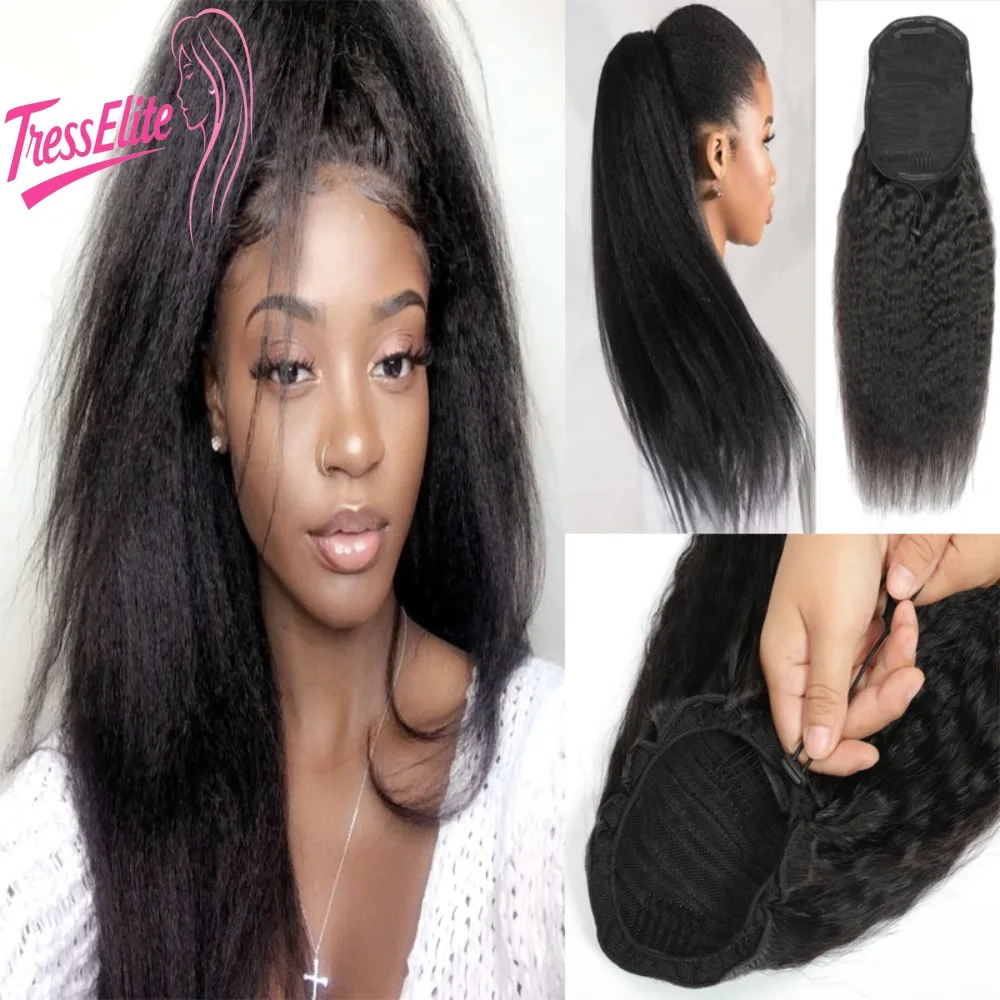 Peluca de pelo Real de primera calidad, pelo de cola de caballo con cordón recto y rizado, aspecto Natural, ajustable, suave, ligero, de alta calidad