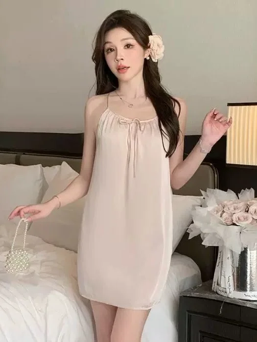 

Sweet Style Ice Silk Strap Sleep Dress Women's Summer Thin Pure Desire Split Splice Home Short Skirt Thin Material round Neck
