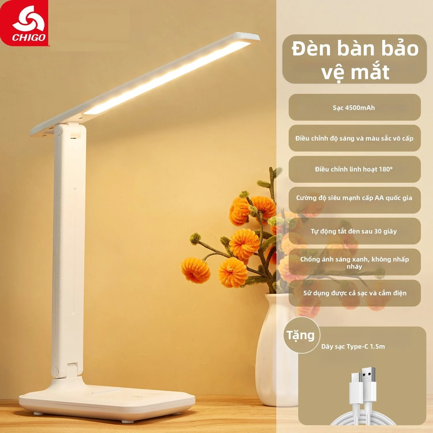 Chigo | Đèn Bàn Chống Cận Cho Học Sinh Có Thể Sạc và Cắm Điện