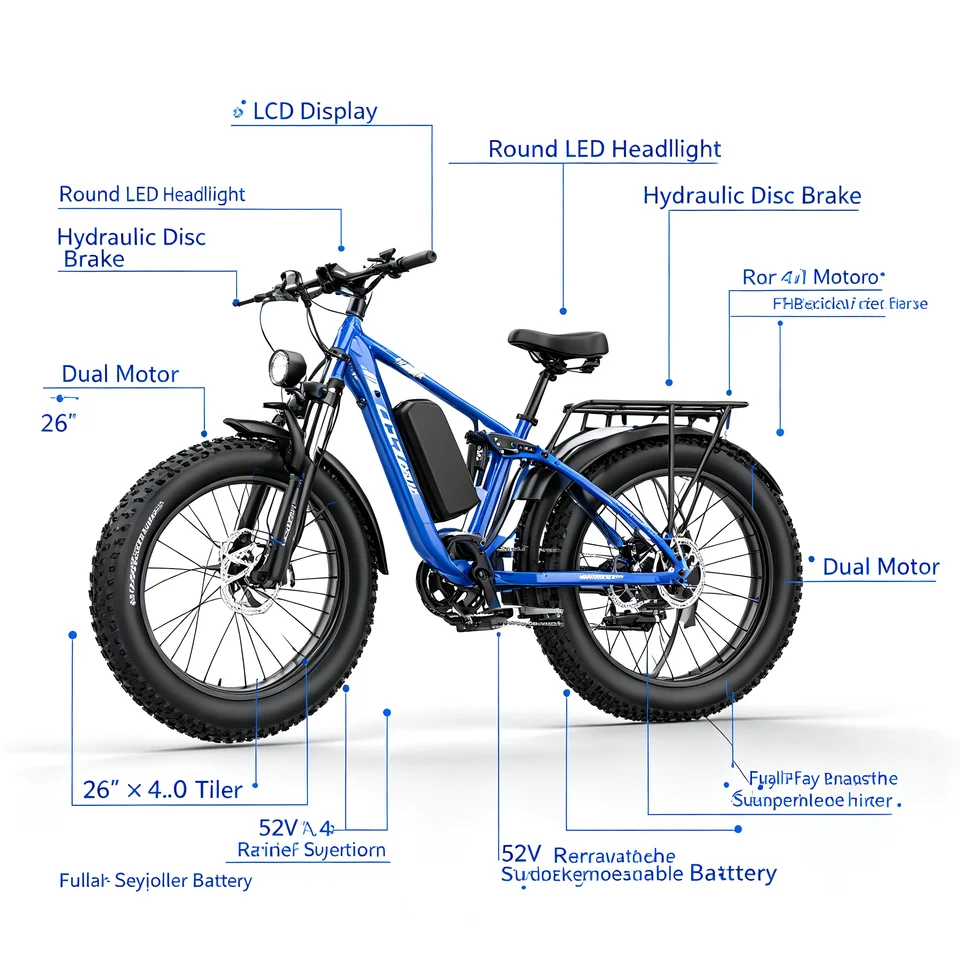 COASTA CT8 Blue 26"×4.0 Fat Tire Electric Bike Dual Motor Full Suspension E‑Bicycle 3000W Peak 60V Removable Battery Hydraulic Disc Brake Shimano 7‑Speed LCD Display LED Headlight Max Load 150KG For Snow Beach Mountain Off‑Road Riding image 4