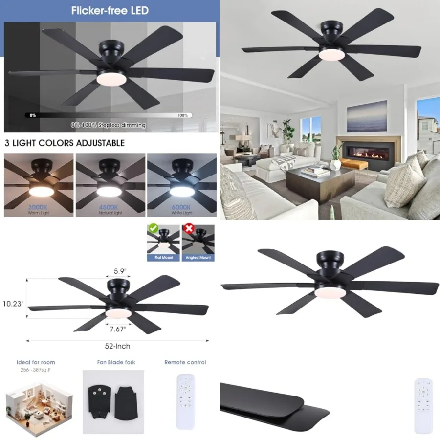 52" Low Profile Ceiling Fans with Lights and Remote, Modern Indoor Ceiling Fan Light with Quiet Reversible DC Motor, Flush Moun