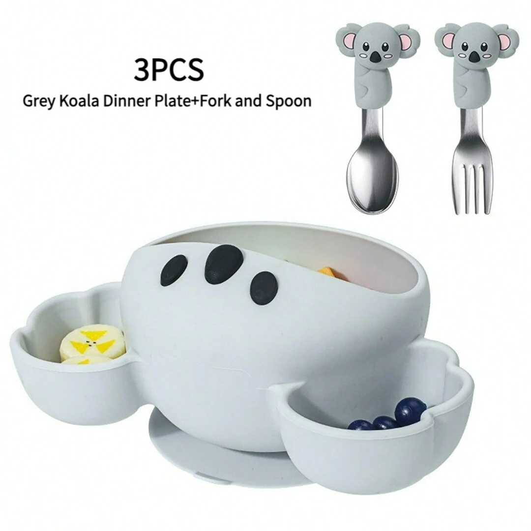 Baby gray silicone tableware set children\'s bowl stainless steel fork and spoon set children\'s silicone koala feeding tableware