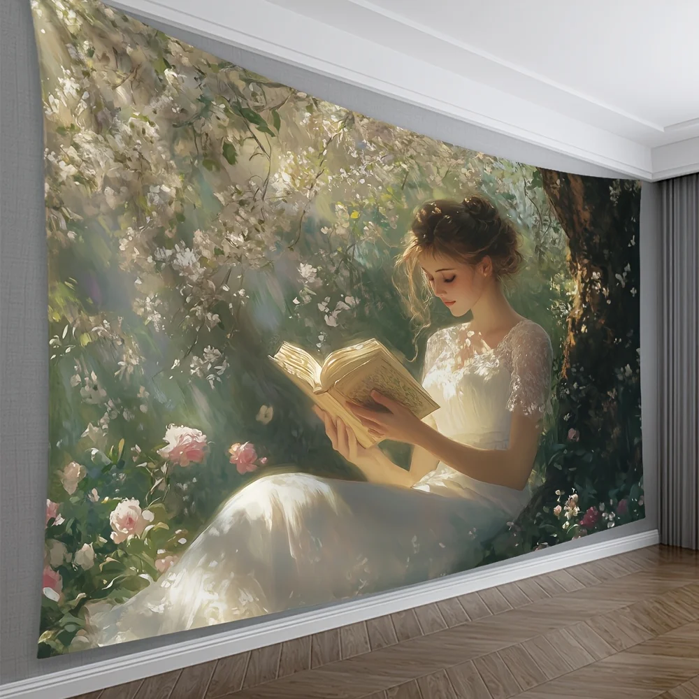 Romantic Floral Garden Tapestry Wall Mural Cottagecore Woman Reading Spring Boho Bohemian Home Decor Art