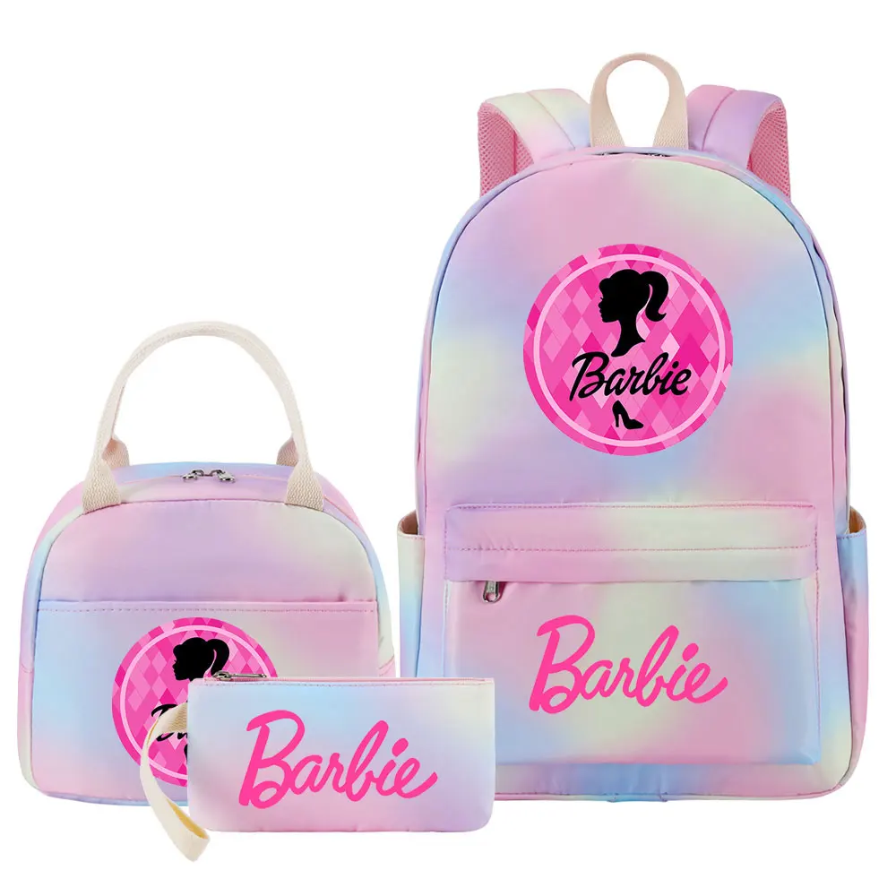 New Barbi Back To School Girls Kids Pen Lunch Bags Bookbags 3 Pcs Women Teenagers Schoolbags Travel Laptop Rainbow Backpack